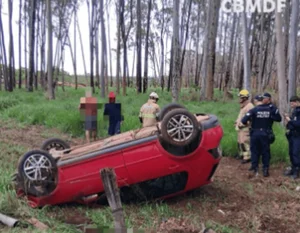 Carro capota em frente à delegacia no DF e uma pessoa fica ferida