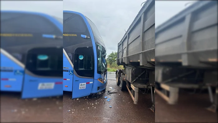 Caminhão “faz o L” e bate em ônibus com 22 passageiros
