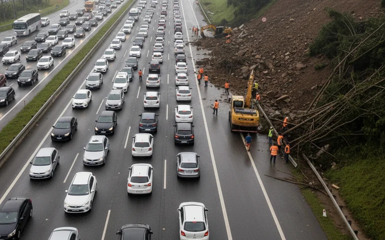 Deslizamento causa 36 km de lentidão na Régis Bittencourt nesta sexta-feira, 16