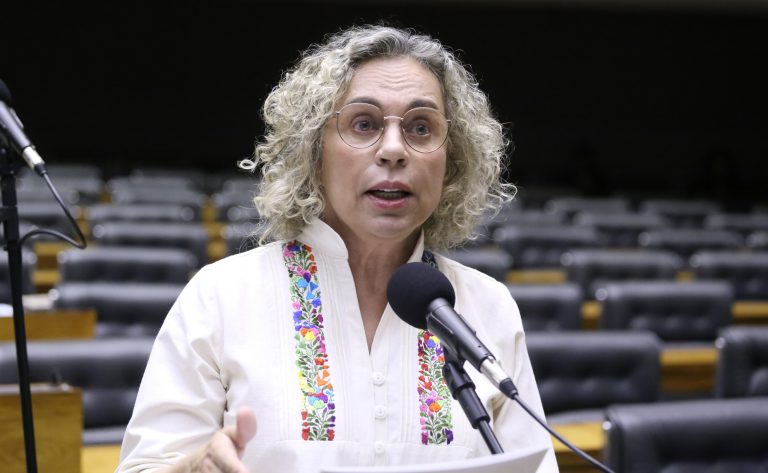Deputada Ana Paula Lima fala ao microfone. Ela é uma mulher clara de cabelo loiro, crespo e curto. Ela veste uma blusa branca com flores bordadas e usa óculos.