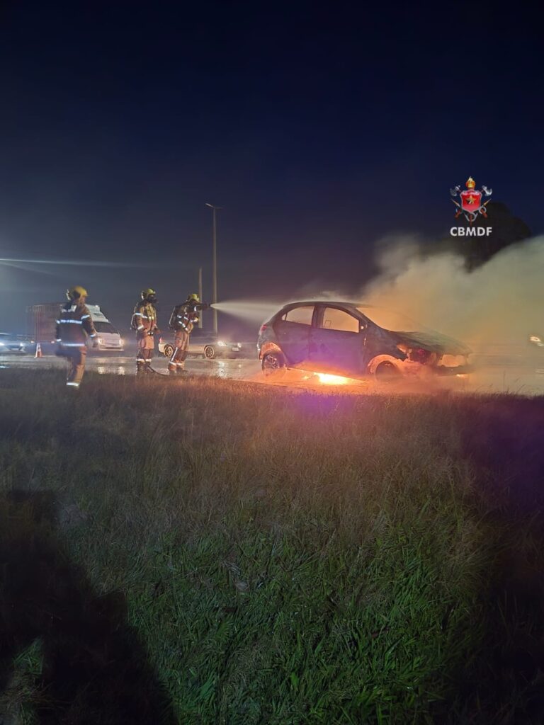 Carro pega fogo e é destruído pelas chamas na BR-070