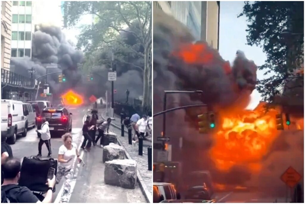Carro pega fogo e explode próximo ao Touro de Wall Street em Nova York