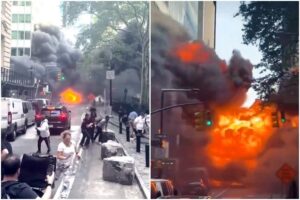 Carro pega fogo e explode próximo ao Touro de Wall Street em Nova York