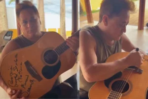 Vídeo mostra Leonardo autografando violão que será leiloado nesta quarta em festa de igreja de Goianésia