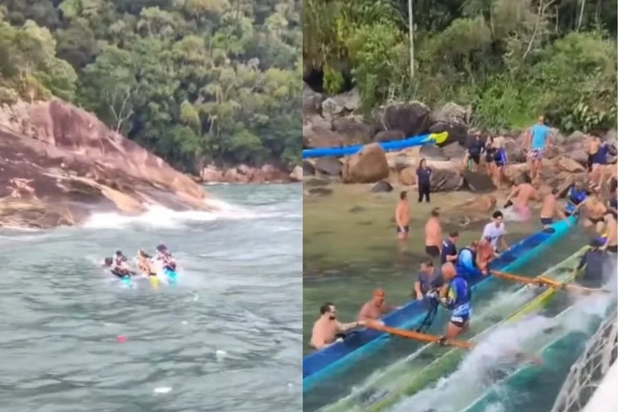 Bombeiros resgatam 9 pessoas após canoas serem atingidas por ondas fortes no litoral de SP