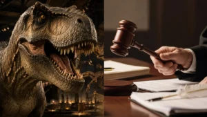 Bolsa de couro de tiranossauro rex em leilão por R$ 3 milhões; foto