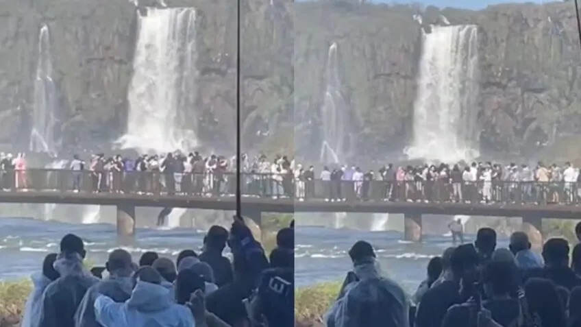 Homem pula na água perto das Cataratas do Iguaçu (PR) para resgatar celular