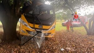 Ônibus escolar com 27 crianças bate contra árvore na BR-020, em Sobradinho