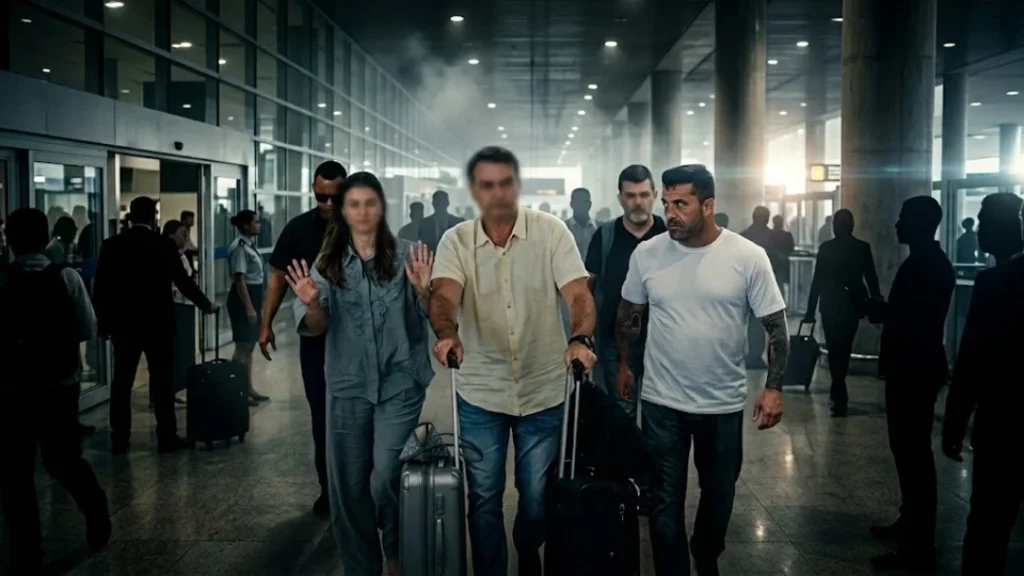 Pessoas caminhando em um terminal de aeroporto com malas, representando a questão judicial sobre parlamentar no exterior.