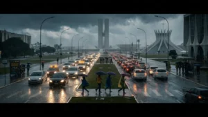 Trânsito e pedestres sob chuva intensa em Brasília com o Congresso Nacional ao fundo.
