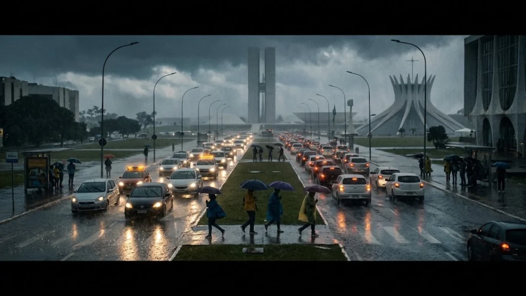 Home 2 Trânsito e pedestres sob chuva intensa em Brasília com o Congresso Nacional ao fundo.
