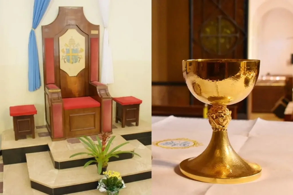 A cátedra e o cálice usados por João Paulo II ficaram em Goiânia como lembrança de sua passagem pela capital goiana em 1991 (Foto: Arquidiocese de Goiânia)