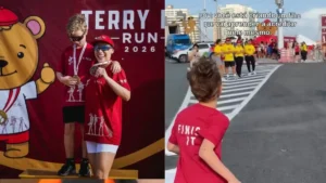Mãe corre atrás do filho durante corrida escolar no Maranhão
